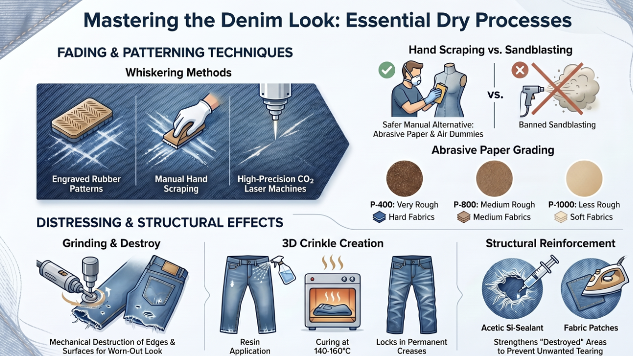 Denim Dry Processes – Whiskering , Laser Whiskering , Hand Scraping, Grinding, Destroy, 3D Crinkle