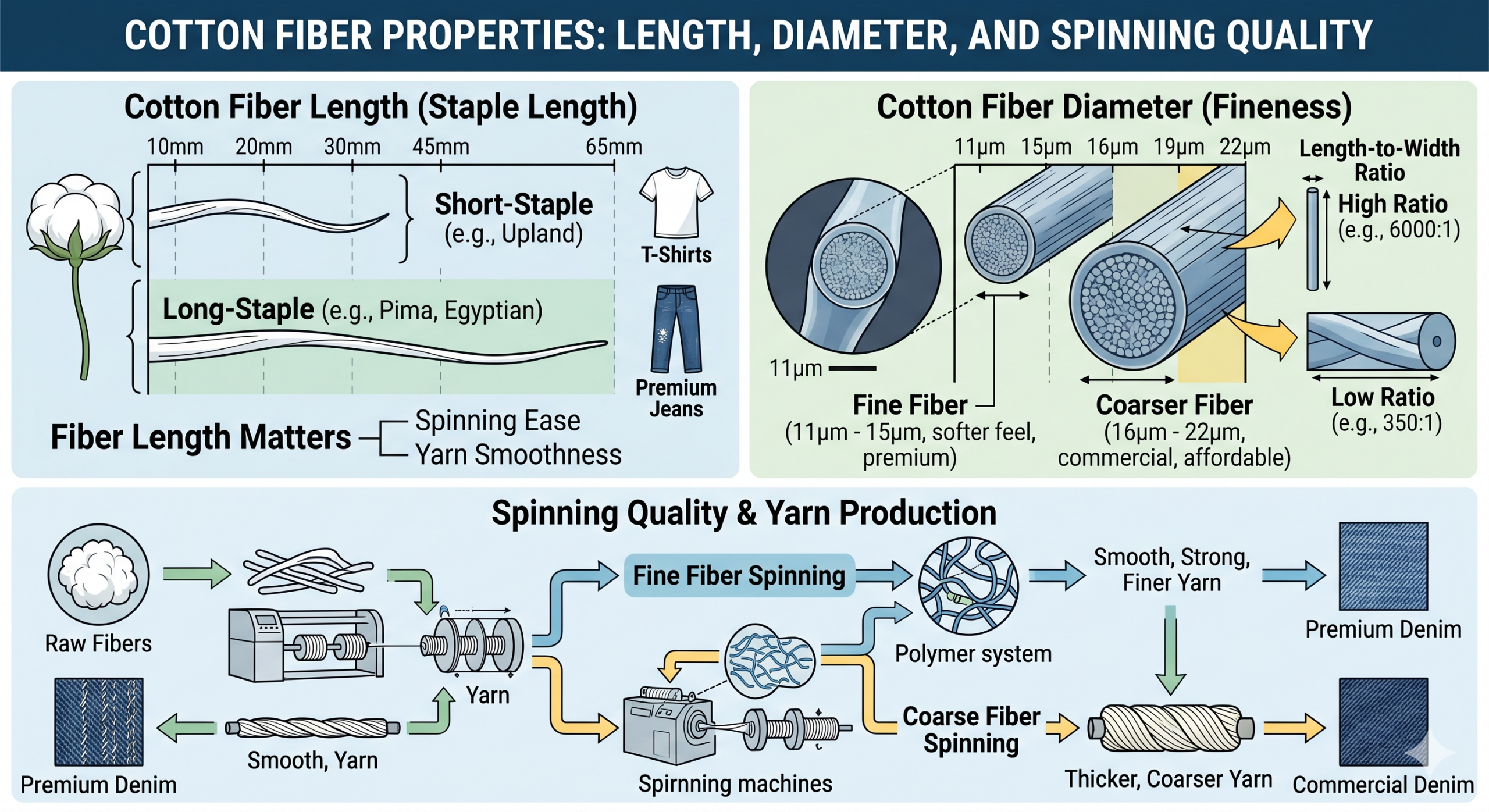 cotton fiber properties length, diameter, and spinning quality