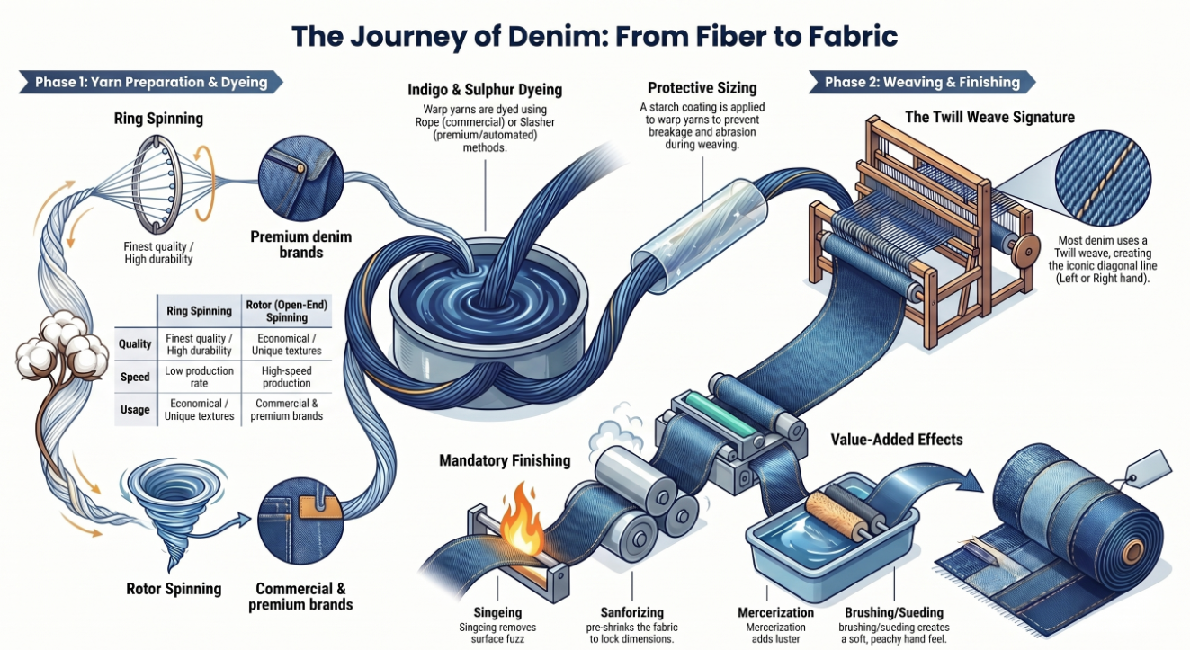 Advanced Denim Manufacturing:  Analyzing Spinning, Dyeing, Sizing , Weaving & Finishing Processes