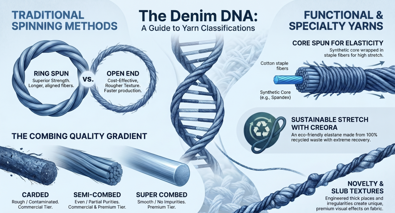 Types of Yarns for Denim: Carded, Combed, and Novelty Yarns